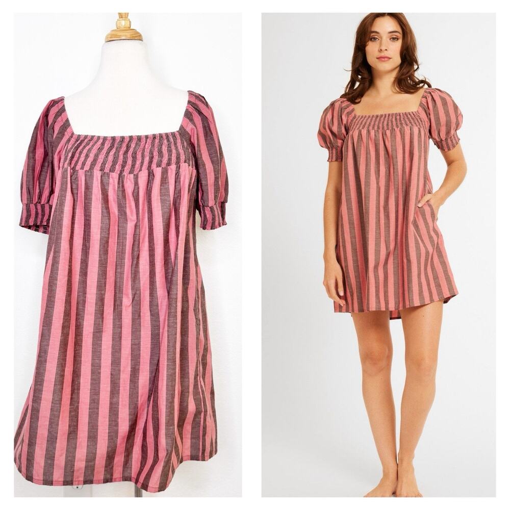 Mille Resort & Travel Jane Mini Dress Size M Rosewood & Sable Pink Stripe Cotton